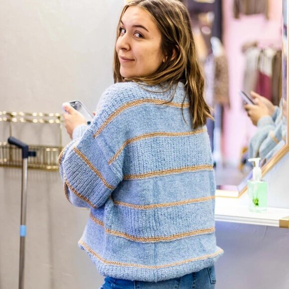 SALE Light Blue Gold Stripe Chunky Knit Soft Sweater Women's Large - Picture 9 of 9